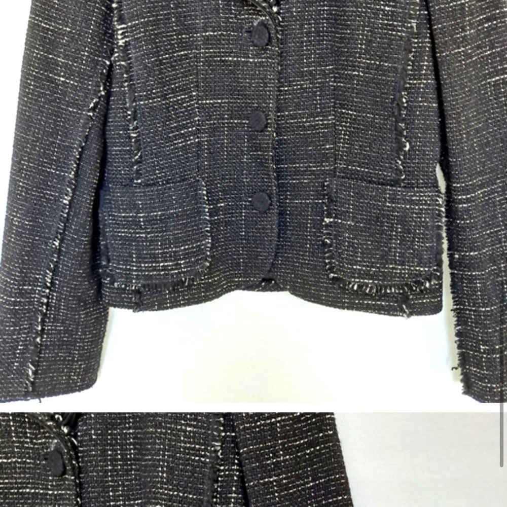 Ann Taylor Black Tweed Wool Blend Fringe Trim Cropped Blazer Jacket sz 4 - Picture 4 of 8